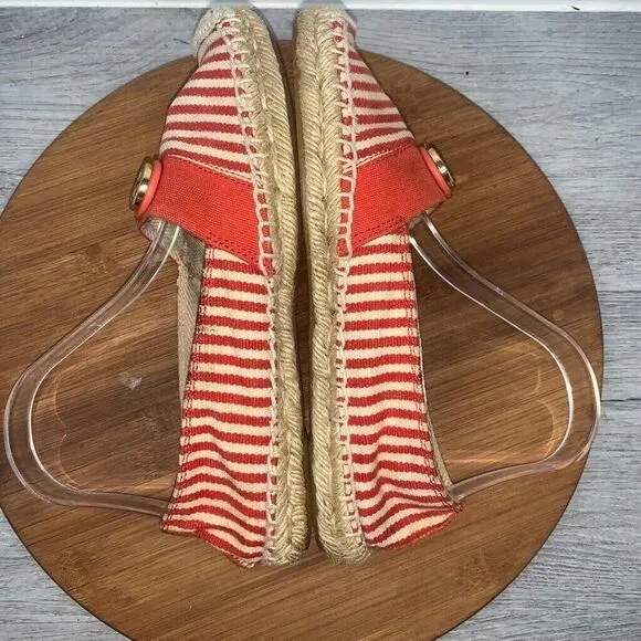 Tory Burch Size 9 Beacher Canvas Espadrille Flats Stiped Red Natural Logo Shoes
