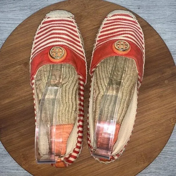 Tory Burch Size 9 Beacher Canvas Espadrille Flats Stiped Red Natural Logo Shoes