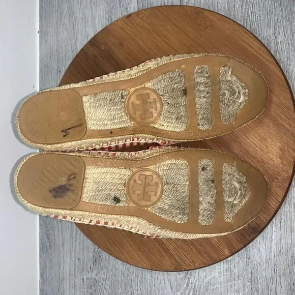 Tory Burch Size 9 Beacher Canvas Espadrille Flats Stiped Red Natural Logo Shoes