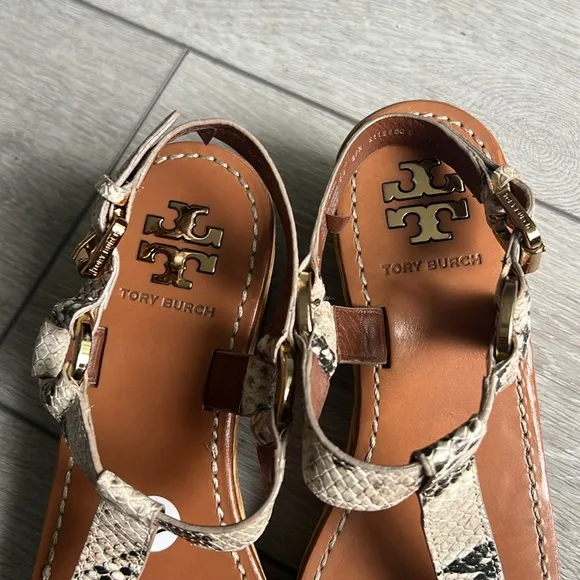 Tory Burch Snakeskin wooden platform Wedge Sandals size 7
