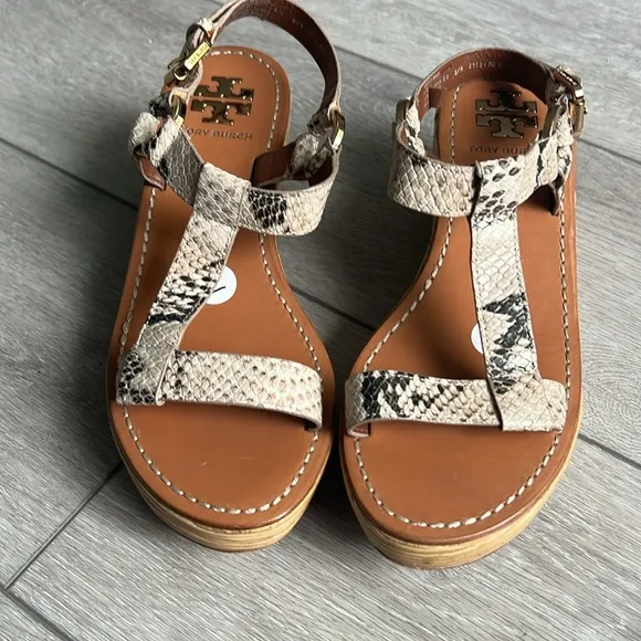 Tory Burch Snakeskin wooden platform Wedge Sandals size 7