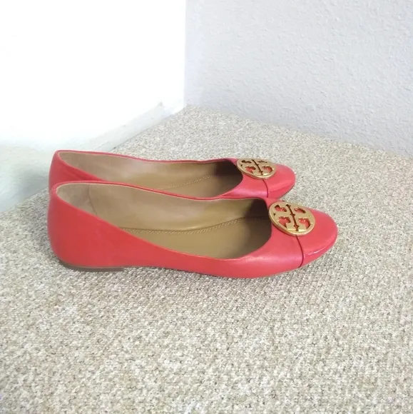 Tory Burch T Medallion Orange Leather Flat Shoes
