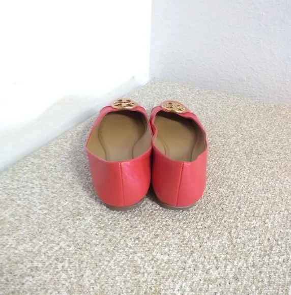 Tory Burch T Medallion Orange Leather Flat Shoes