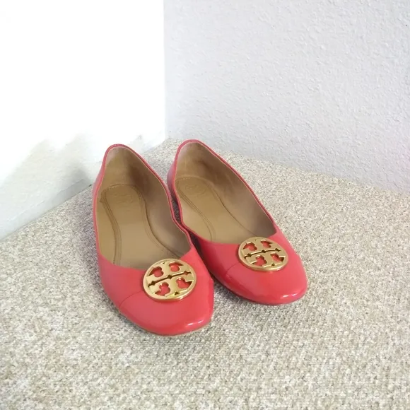 Tory Burch T Medallion Orange Leather Flat Shoes
