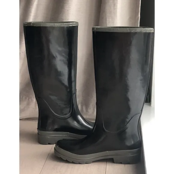 Tory Burch Tall Logo Black &amp; Gray Rubber Rain Boots Size 8