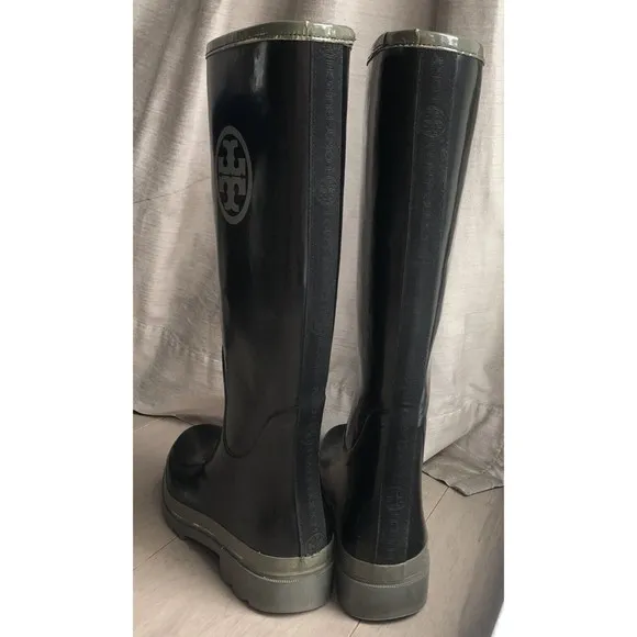 Tory Burch Tall Logo Black &amp; Gray Rubber Rain Boots Size 8