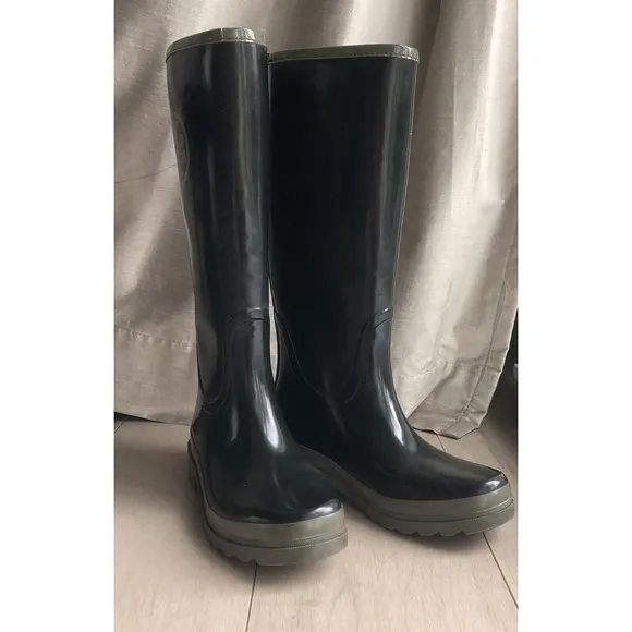Tory Burch Tall Logo Black &amp; Gray Rubber Rain Boots Size 8