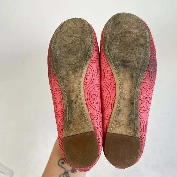 Tory Burch Womens Chelsea Stitched Logo Ballet Flats Shoes Red Size 5 M Pink