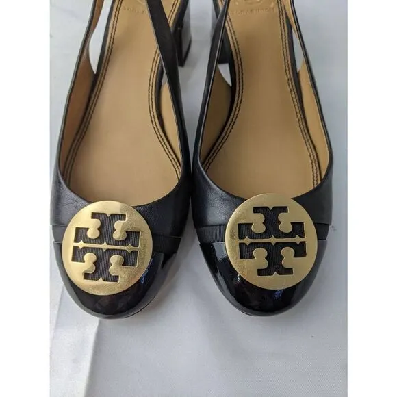 Tory Burch Black Benton Leather Mini Cap Slingback Pump Sandals Shoes Sz 6
