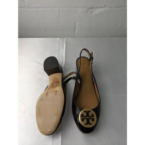 Tory Burch Black Benton Leather Mini Cap Slingback Pump Sandals Shoes Sz 6