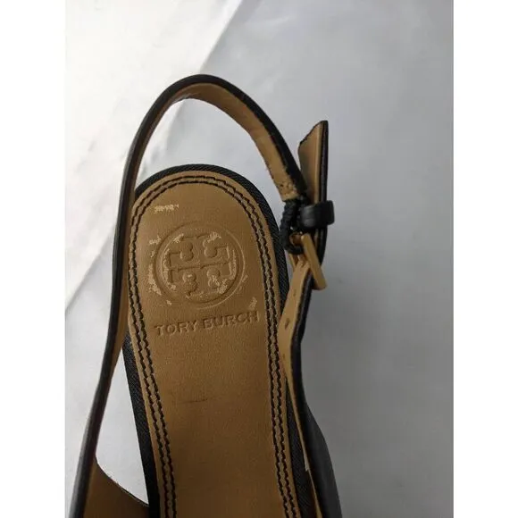 Tory Burch Black Benton Leather Mini Cap Slingback Pump Sandals Shoes Sz 6