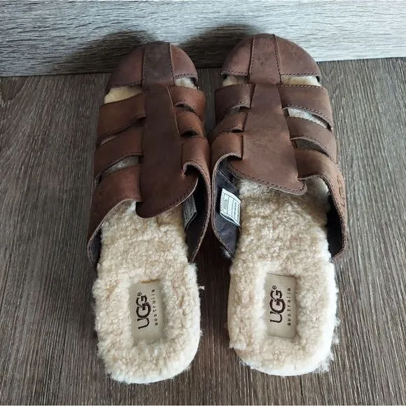 UGG Ore Wooden Leather Fisherman Clog Mule Sandals Women's Sz 11 Shearling Shoes