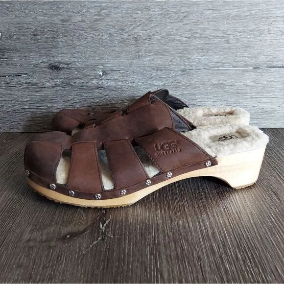 UGG Ore Wooden Leather Fisherman Clog Mule Sandals Women's Sz 11 Shearling Shoes