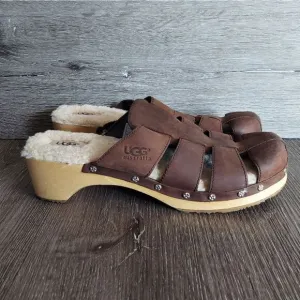 UGG Ore Wooden Leather Fisherman Clog Mule Sandals Women's Sz 11 Shearling Shoes