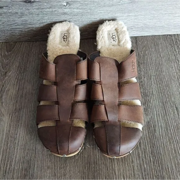 UGG Ore Wooden Leather Fisherman Clog Mule Sandals Women's Sz 11 Shearling Shoes