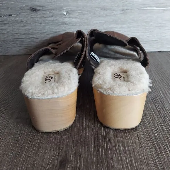 UGG Ore Wooden Leather Fisherman Clog Mule Sandals Women's Sz 11 Shearling Shoes