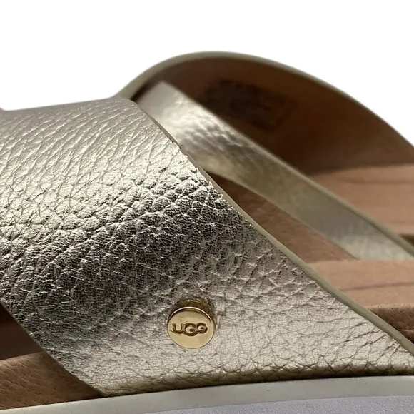 UGG Womens Shoes Kara Slide Sandals Sz 6.5 Gold Leather Flat Casual Comfort Chic
