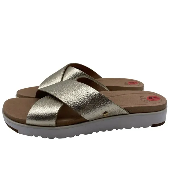 UGG Womens Shoes Kara Slide Sandals Sz 6.5 Gold Leather Flat Casual Comfort Chic