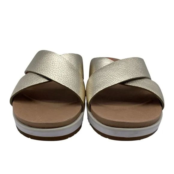 UGG Womens Shoes Kara Slide Sandals Sz 6.5 Gold Leather Flat Casual Comfort Chic