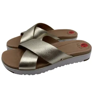 UGG Womens Shoes Kara Slide Sandals Sz 6.5 Gold Leather Flat Casual Comfort Chic