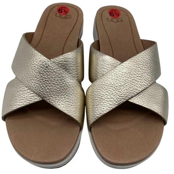 UGG Womens Shoes Kara Slide Sandals Sz 6.5 Gold Leather Flat Casual Comfort Chic
