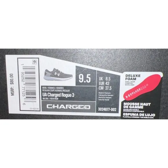 Under Armour Charged Rogue 3 Mens Athletic Running Shoes Size 9.5 Black Gray