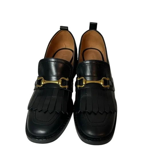UTERQUE Black Leather horse bit Heeled  Loafers shoes size US 8 EU 38.