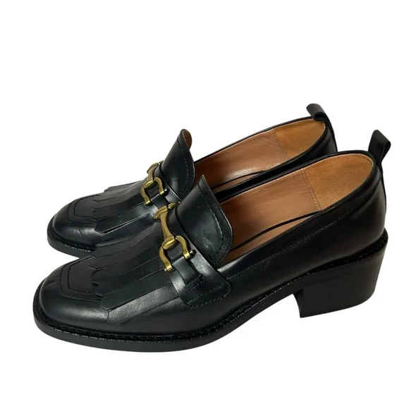 UTERQUE Black Leather horse bit Heeled  Loafers shoes size US 8 EU 38.