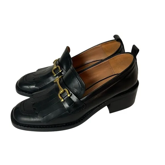 UTERQUE Black Leather horse bit Heeled  Loafers shoes size US 8 EU 38.