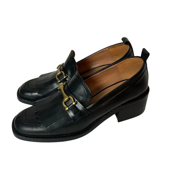 UTERQUE Black Leather horse bit Heeled  Loafers shoes size US 8 EU 38.