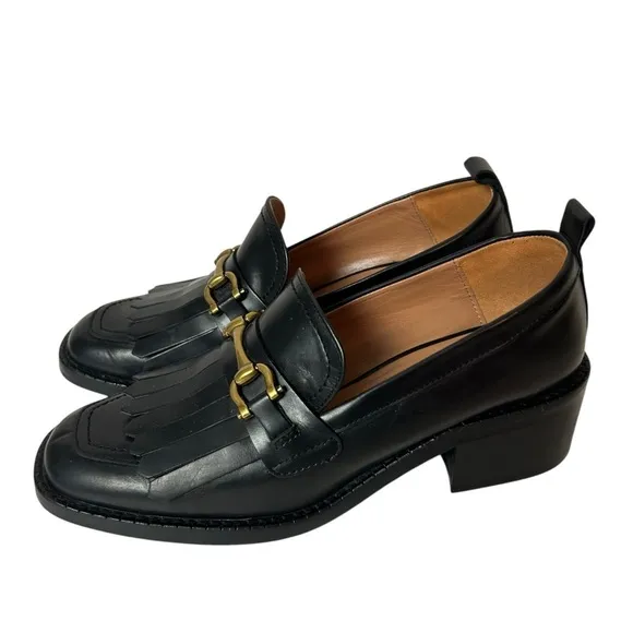 UTERQUE Black Leather horse bit Heeled  Loafers shoes size US 8 EU 38.
