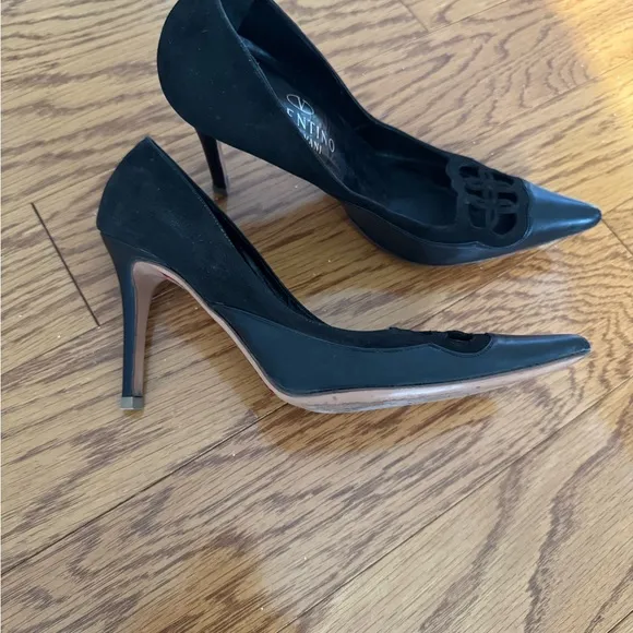 Valentino, black suede and leather heels in size 37 1/2.