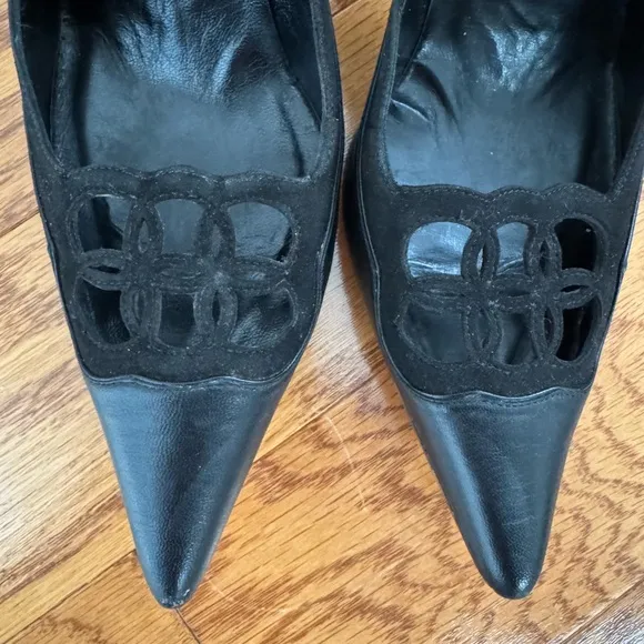 Valentino, black suede and leather heels in size 37 1/2.