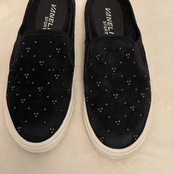 Vaneli Oscar Black Suede Mules Silver Studs Size 6 Chic Slip-On Shoes Comfort