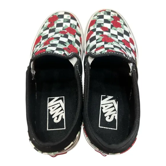 Vans Customs Checkerboard Roses Slip-On Sneakers Red &amp; Black SZ 6.5