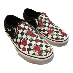 Vans Customs Checkerboard Roses Slip-On Sneakers Red &amp; Black SZ 6.5