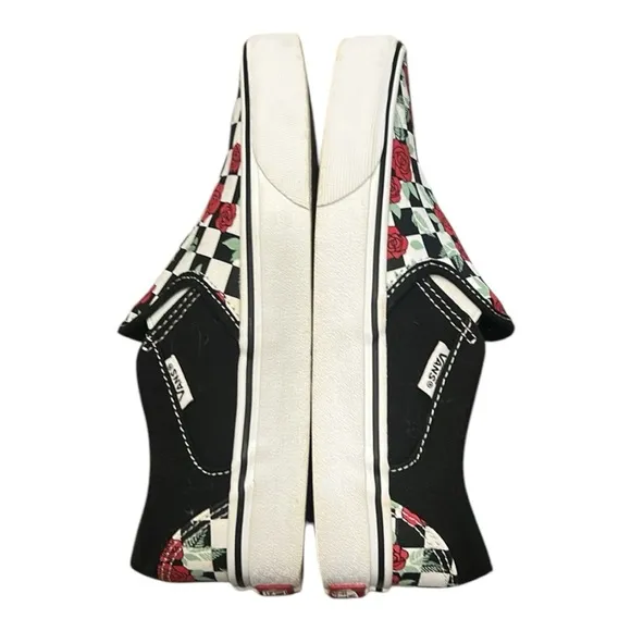 Vans Customs Checkerboard Roses Slip-On Sneakers Red &amp; Black SZ 6.5