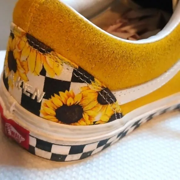 Vans Laken Flowers Sunflower checked suede canvas skate shoe sneakers size 9