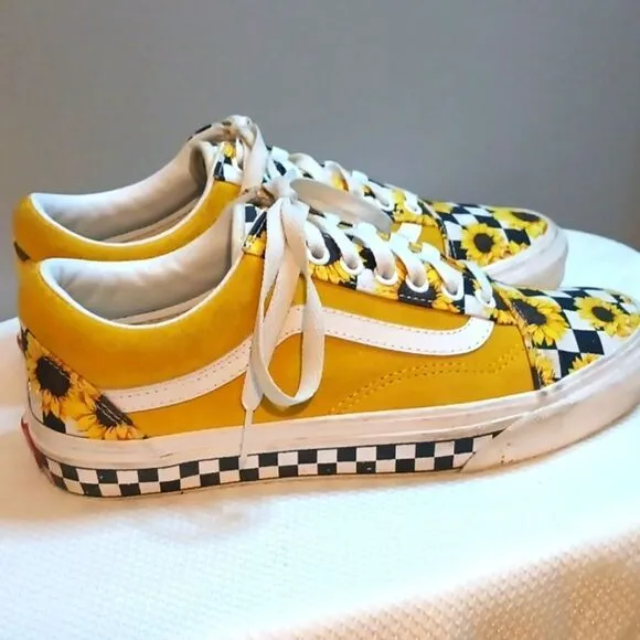 Vans Laken Flowers Sunflower checked suede canvas skate shoe sneakers size 9