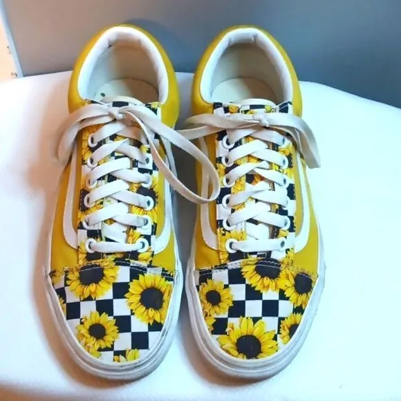 Vans Laken Flowers Sunflower checked suede canvas skate shoe sneakers size 9