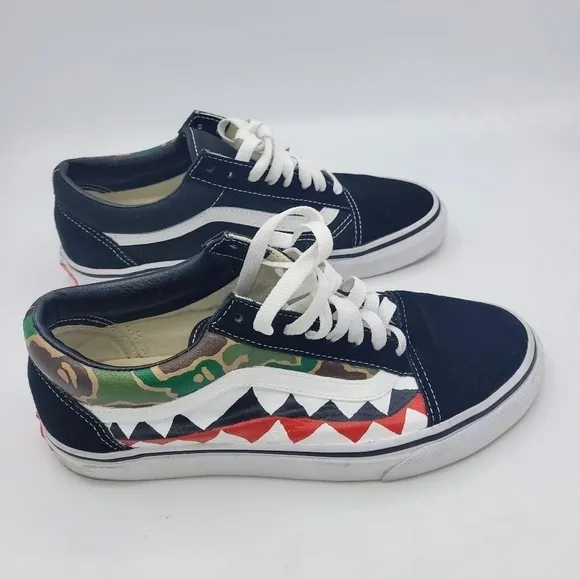 VANS Old Skool X Bape Unisex Custom Made Camo Shark Teeth Sneakers SZ 8