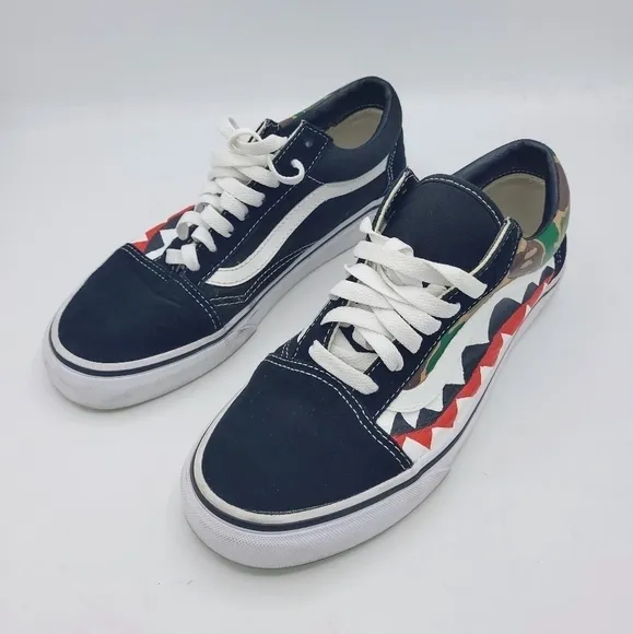 VANS Old Skool X Bape Unisex Custom Made Camo Shark Teeth Sneakers SZ 8