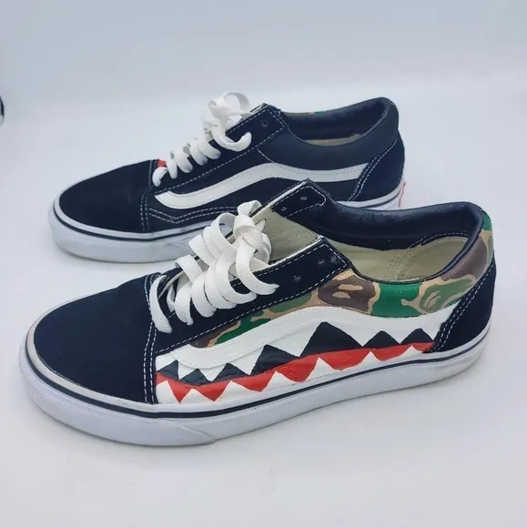 VANS Old Skool X Bape Unisex Custom Made Camo Shark Teeth Sneakers SZ 8
