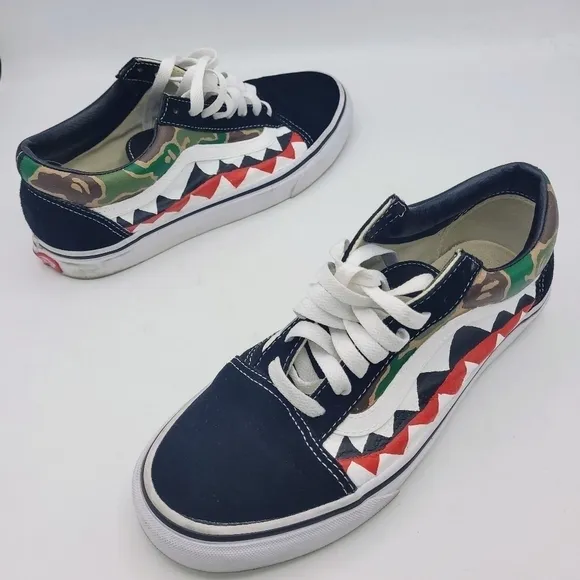 VANS Old Skool X Bape Unisex Custom Made Camo Shark Teeth Sneakers SZ 8