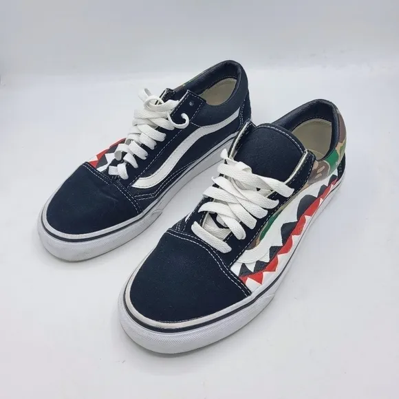 VANS Old Skool X Bape Unisex Custom Made Camo Shark Teeth Sneakers SZ 8