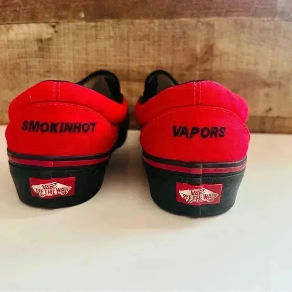 Vans Customized Slip Ons With Smokinhot Vapors Written On The Back Of The Shoes