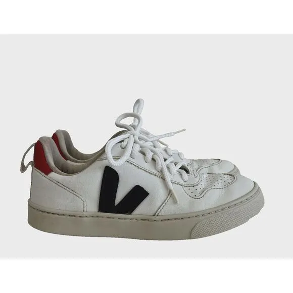 Veja Kids Sneakers White Red &amp; Blue Leather Lace-Up Sneakers Unisex Sz 1