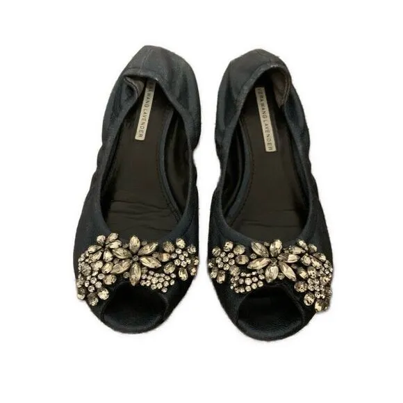 Vera Wang Navy Blue Shine Silver Rhinestone Peep Toe Ballet Flats 7.5