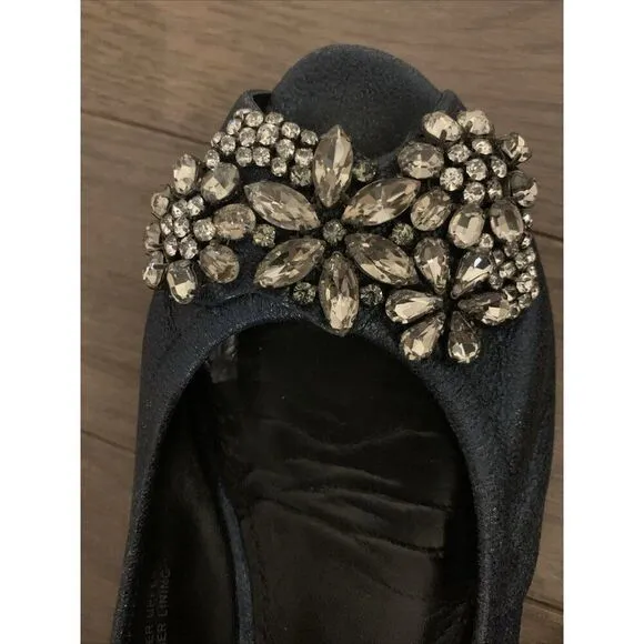 Vera Wang Navy Blue Shine Silver Rhinestone Peep Toe Ballet Flats 7.5