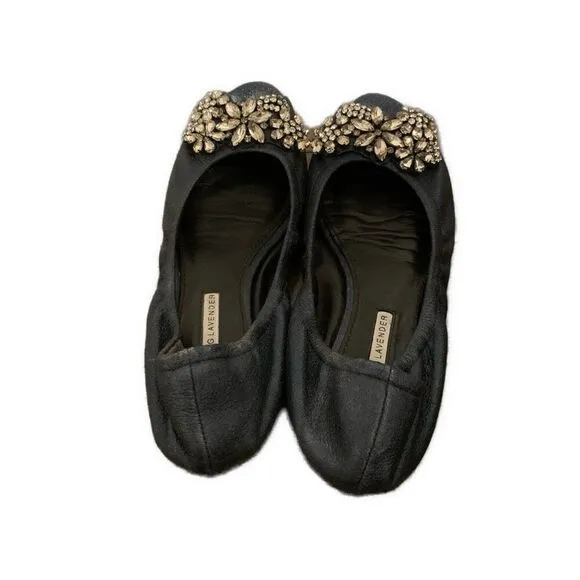 Vera Wang Navy Blue Shine Silver Rhinestone Peep Toe Ballet Flats 7.5